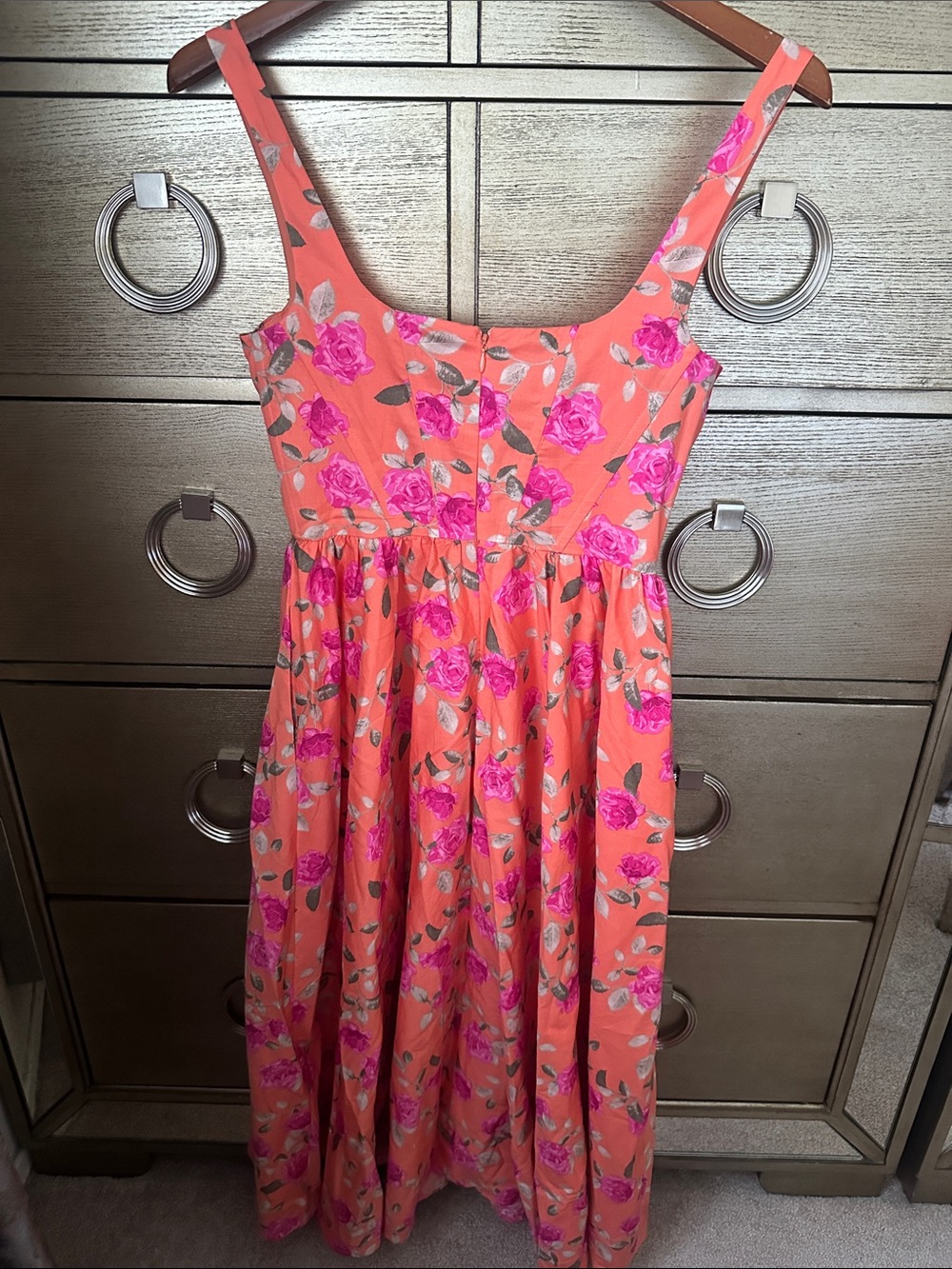 🛍️FINAL PRICE🛍️ WAYF Coral Corset Dress Peach-Orange with Hot Pink Rose Print - Picture 3 of 7
